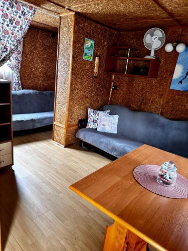 a living room with a blue couch and a table at Domki Alkana - domek 4 in Nowęcin