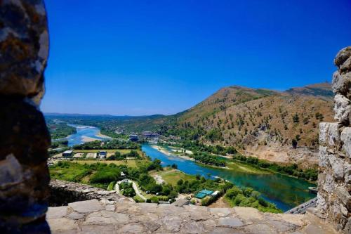 a view of a river from a fortress at Golden Sleep Hostel in Shkodër