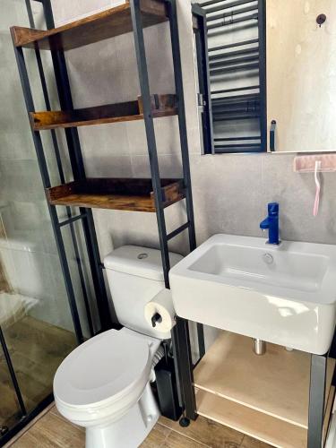 a bathroom with a toilet and a sink at KASZUBY SeliRaj GospAgro Alpaki,dwa pokoje-niezależnie wejście in Dzierzążno