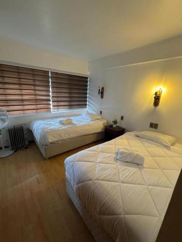 a bedroom with two beds and a window at Hotel Boutique WenuPillan in Villarrica
