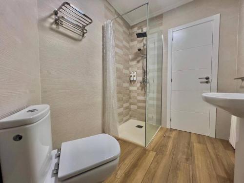 a bathroom with a toilet and a shower and a sink at Apartamento Centroplaya in Bueu