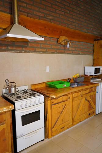 a kitchen with a stove and a white stove top oven at Cabañas Alvear in Huerta Grande