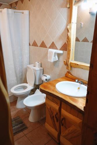 a bathroom with a toilet and a sink at Cabañas Alvear in Huerta Grande