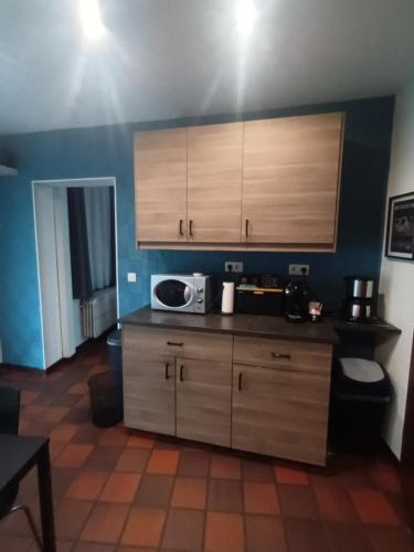 a kitchen with wooden cabinets and a microwave at La Belle Échappée à Fléron in Fléron