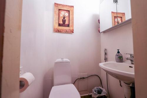 a white bathroom with a toilet and a sink at Majoitus Puistotie in Mänttä