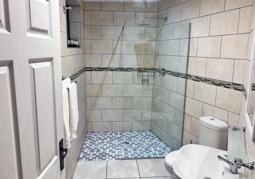 a bathroom with a shower with a toilet and a sink at The Victoria House in Ficksburg