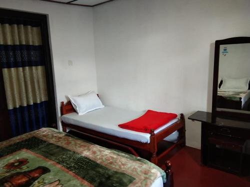 a room with two twin beds and a mirror at Green Villa in Nuwara Eliya