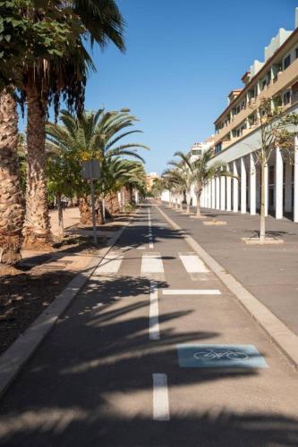 an empty street with palm trees and a building at Brisas de Güimar in Santa Cruz de Tenerife