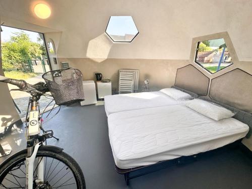 Un dormitorio con una cama y una bicicleta. en triDOMESFRANCE, en Saverne