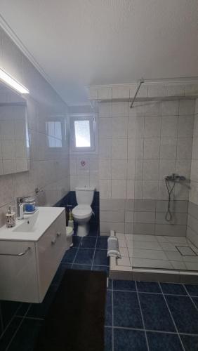 a bathroom with a toilet and a shower and a sink at Angel Luxury Apartments in Keramoti