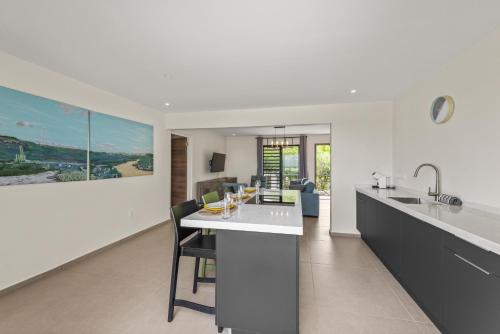 an open kitchen with white countertops and a dining area at Vista Papaya Suites in Westpunt