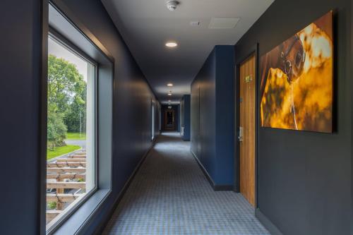a hallway with blue walls and a window at voco The Club - Dublin Gateway by IHG in Naas