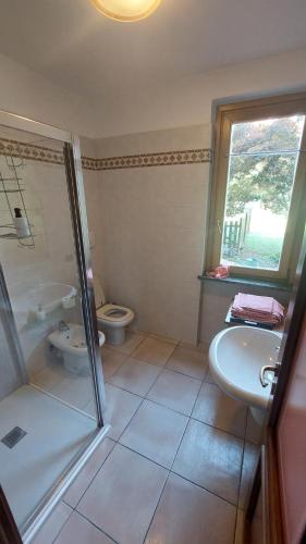 a bathroom with a shower and a sink and a toilet at Casa VACANZE MAGNOLIA in Vercurago