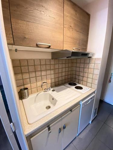 une petite cuisine avec un évier et une cuisinière dans l'établissement Résidence Le Bois D'aurouze - Studio pour 4 Personnes MAE-7764, à Saint-Étienne-en-Dévoluy
