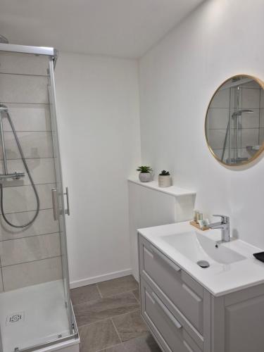 une salle de bain avec une douche, un lavabo et un miroir dans l'établissement Au coeur de Montmedy, à Montmédy