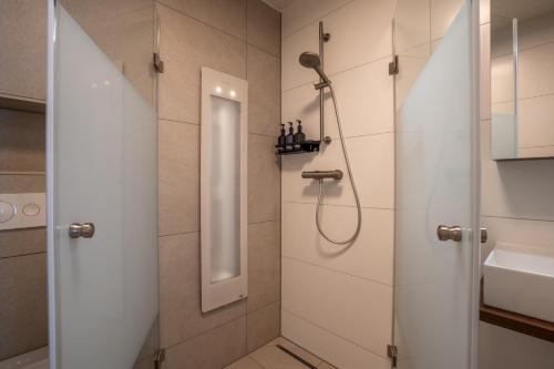 a bathroom with a shower and a sink at Huis te Zeijen in Zeyen