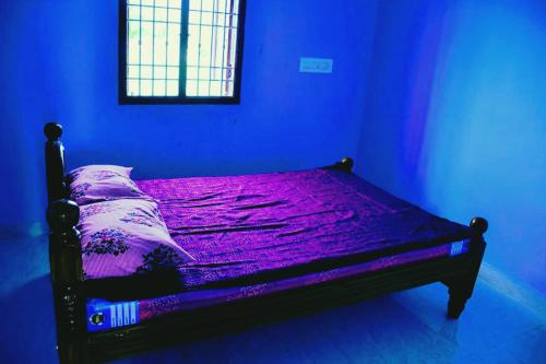 a purple bed in a blue room with a window at Ramana Maharshi Guest Houses in Tiruvannāmalai