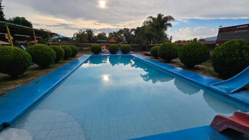 a large swimming pool with blue water in a yard at Hotel y Cabañas Manolo in El Pedregal