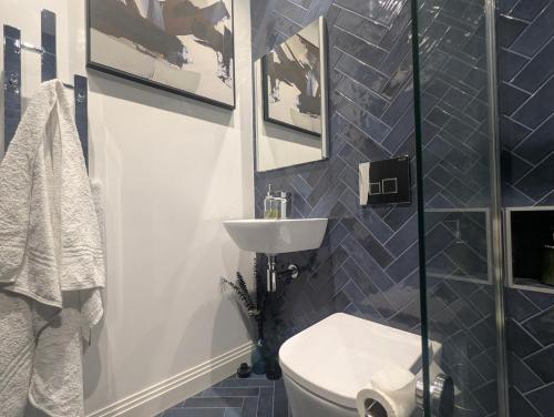 a bathroom with a white toilet and a sink at Up Shed - Modern Countryside King-size Ensuite With Own Access in Bradworthy