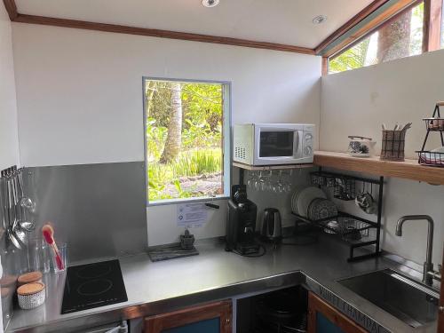 a kitchen with a sink and a microwave at Gîte cosy pour 2 à Sainte-Rose, jardin créole - FR-1-786-43 in Sainte-Rose