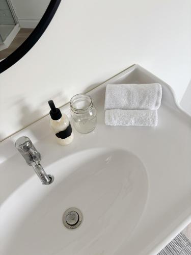 a white bathroom sink with a soap dispenser and towels at 1BR Bluebird Retreat in Peterborough