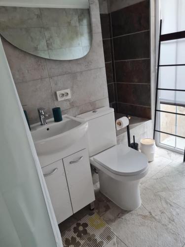 a bathroom with a toilet and a sink and a mirror at Haus Sunset in Shabla
