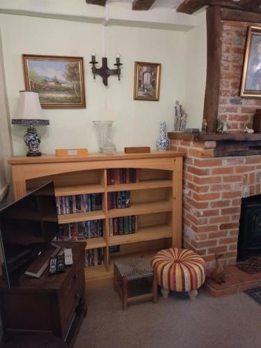 a living room with a book shelf and a fireplace at The Old Sweet Shop in Harwich