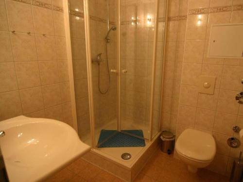 a bathroom with a shower with a toilet and a sink at Karlshagen beach residence in Ostseebad Karlshagen