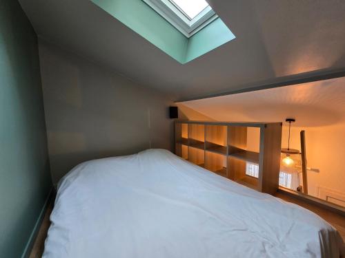 Un dormitorio con una cama grande con tragaluz. en 2G- Studio tout équipé avec cuisine proche Paris, en Issy-les-Moulineaux