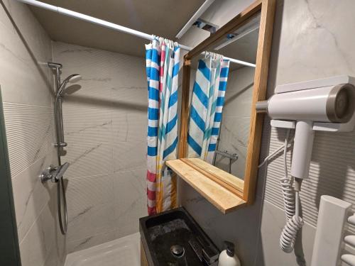 un baño con ducha y lavabo en 2G- Studio tout équipé avec cuisine proche Paris, en Issy-les-Moulineaux