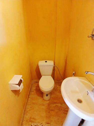 a bathroom with a white toilet and a sink at Friends of Dana Hotel in Dana