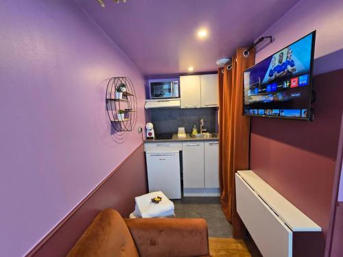 a small kitchen with purple walls and a tv at 3G- Studio tout équipé avec cuisine proche Paris in Issy-les-Moulineaux