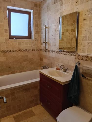 a bathroom with a sink and a tub and a toilet at Escapadă urbană, confort, curte privată și parcare in Piatra Neamţ