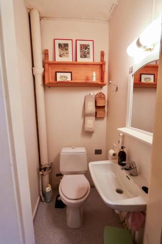 a small bathroom with a toilet and a sink at Turvapaikka in Mänttä