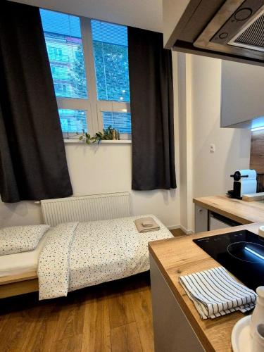 a room with a bed in a kitchen with a window at Apartmány v srdci Ružinova in Trnávka