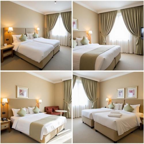 three pictures of a hotel room with two beds at Hotel Urban Lion - IGI Airport Delhi in New Delhi
