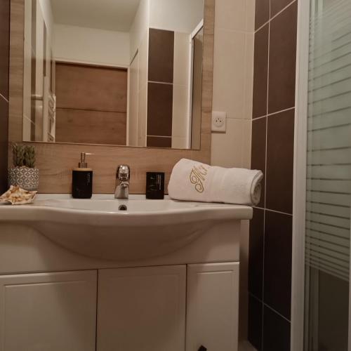 La salle de bains est pourvue d'un lavabo et d'une serviette. dans l'établissement at Chris and Caro's, à Nîmes