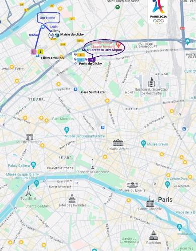 une carte de la ville de paris dans l'établissement Appartement élégant proche Paris, à Clichy