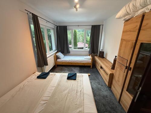 a room with two beds and a window at Jére Lak in Băile Homorod