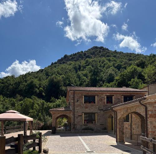 a stone building with a mountain in the background at Agriturismo Tuluschene in Gavoi