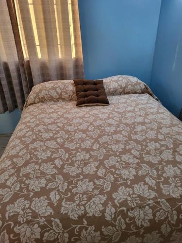 a bed with a brown and white bedspread and a window at Scotland Villa-Dominica in Canefield
