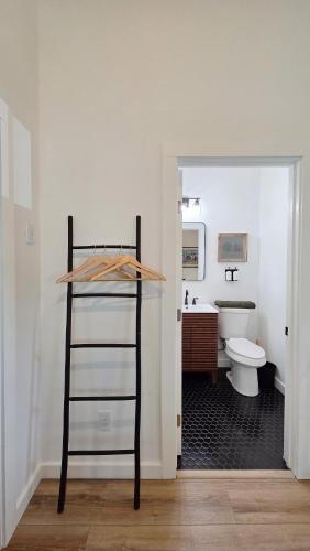 a bathroom with a ladder and a toilet in a room at Cozy 1BR Tiny Home near Downtown and NB Rivers in New Braunfels