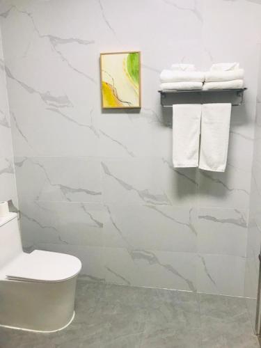 a bathroom with a toilet and towels on a wall at Nausori Plaza Hotel in Vunimono