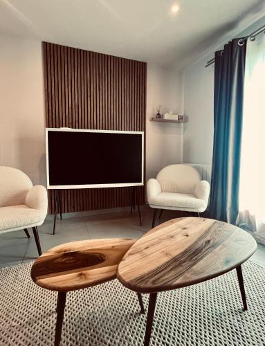 a living room with a television and a wooden coffee table at les colibris in Passy