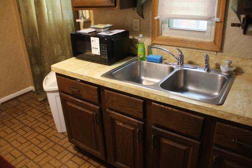 Oak ParkにあるBeautiful, Cozy Stay in Oak Park, Queen Bedroom, Work Setup & Backyard Grillのシンクと電子レンジ付きのキッチン