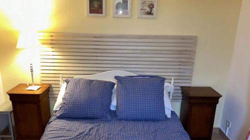 une chambre avec un lit avec des oreillers bleus et blancs dans l'établissement Le Portail Vert, à Villes-sur-Auzon