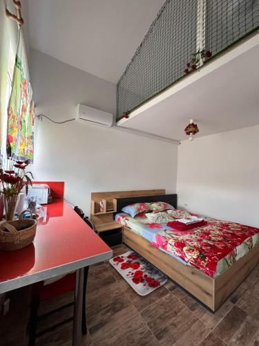 a bedroom with a bed and a red table at Taram de Poveste in Corbu