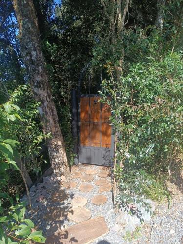 a wooden door in the middle of a garden at Treiler experiência na floresta in Iomerê