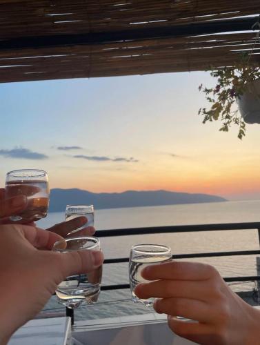 a group of people holding wine glasses in front of the ocean at Hotel Kappa3 Villas in Vlorë
