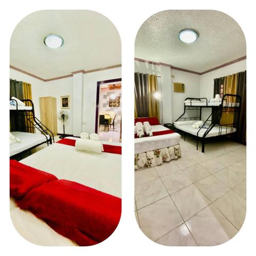 two pictures of a bedroom with two beds and a living room at Lens Staycation 3BDR-2BR-Downstairs ,NetflixWifi in Panabo
